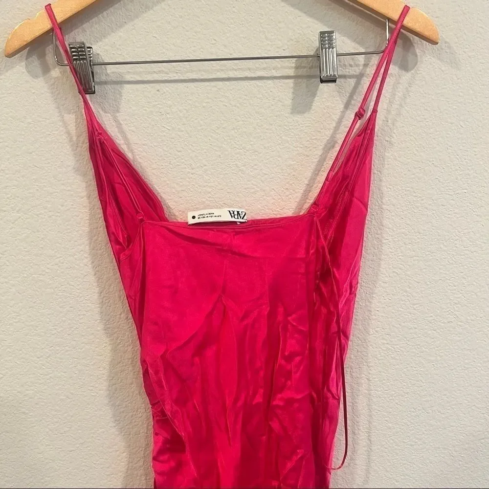 Zara blogger favorite fuchsia pink satin draped camisole midi dress medium